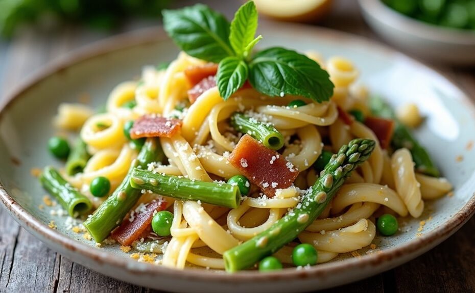 creamy carbonara with spring greens