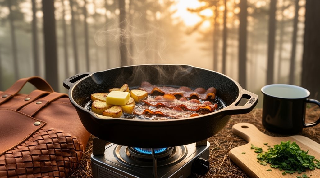 lightweight heat retaining cast iron skillet functions on campfire