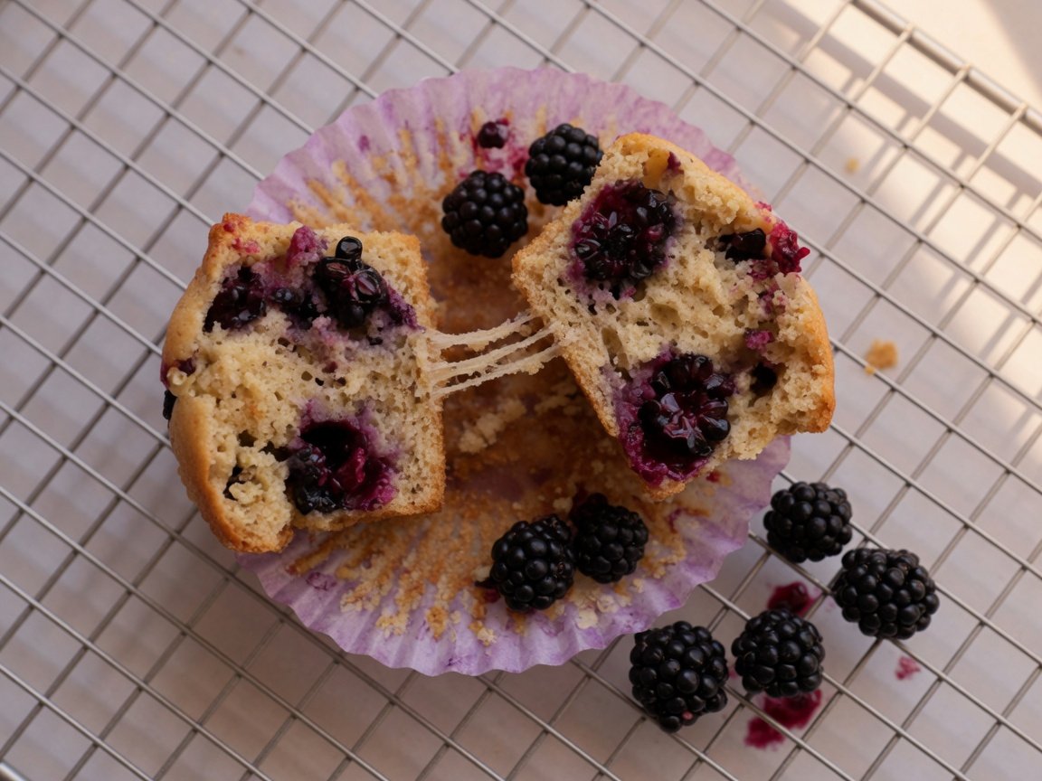 Banana and blackberry muffin broken open on a cooling rack showing moist interior and whole blackberries