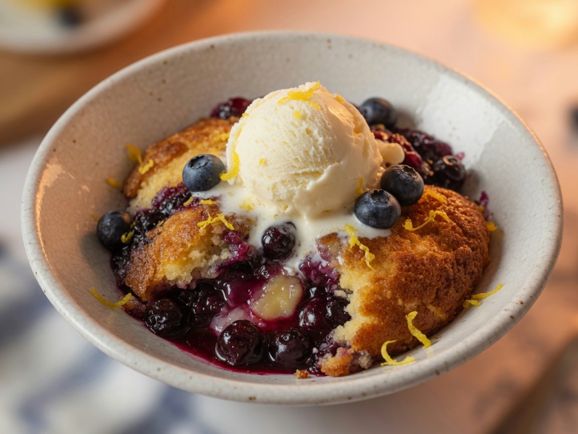 A serving of warm lemon blueberry dump cake scooped into a white bowl with a scoop of vanilla ice cream melting on top