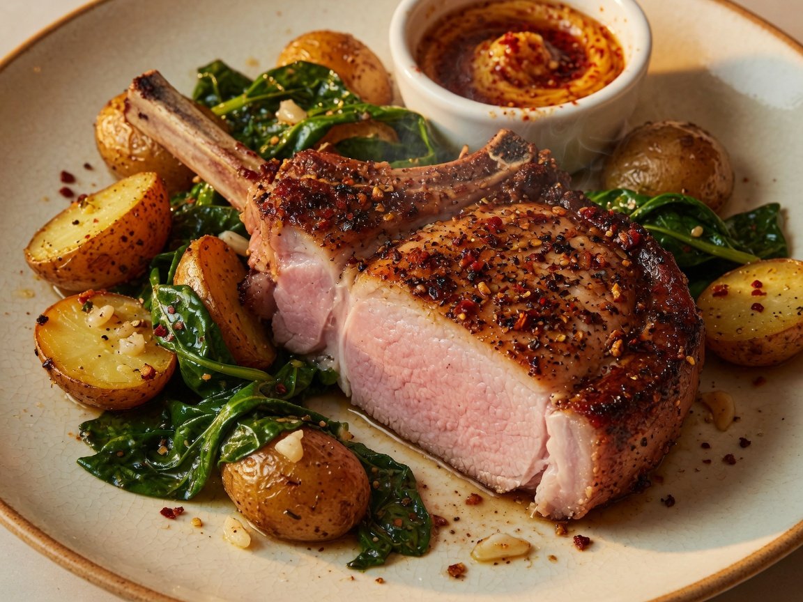 Close-up of a sliced Aleppo pork chop showing a juicy pink interior, plated with crispy potatoes and greens