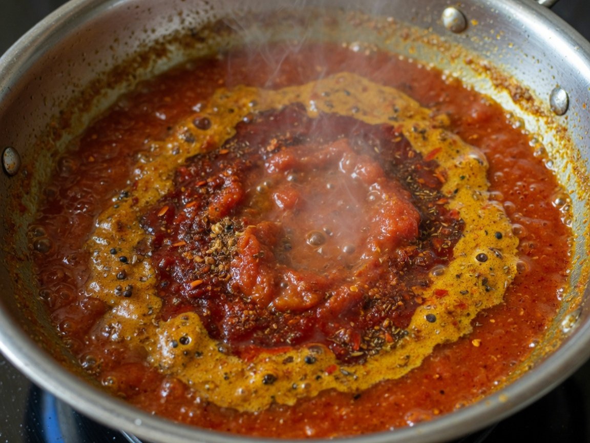 Indian curry masala base cooking in a kadai pan — deep red tomato and spice mixture with oil separating at the edges