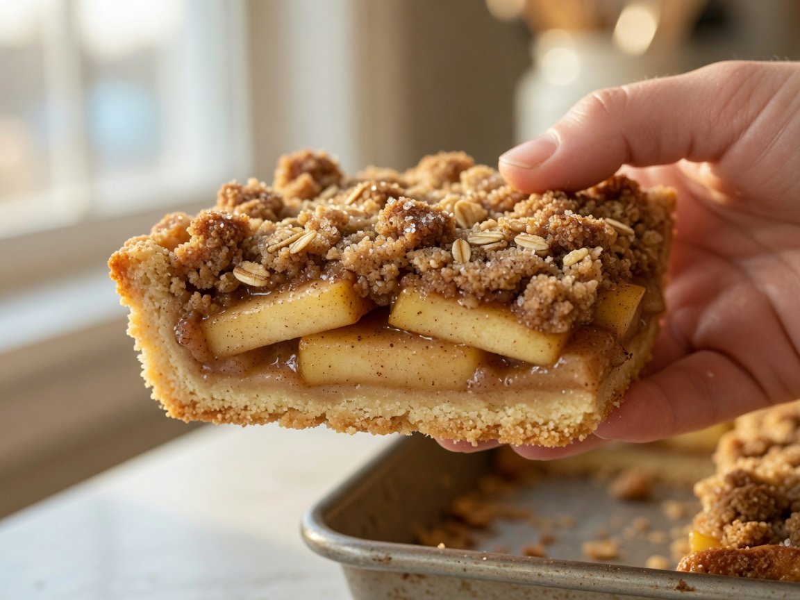 Close-up of a freshly baked apple pie bar showing the layers — shortbread crust, cinnamon apple filling and crunchy streusel