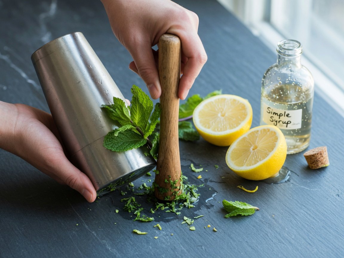 Hands muddling fresh mint leaves in a cocktail shaker with lemon and simple syrup