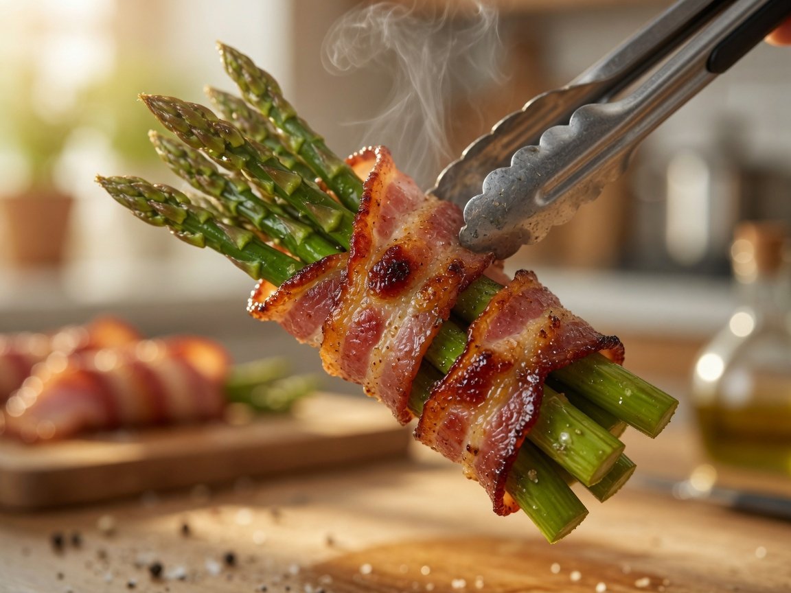 Close-up of a single bacon-wrapped asparagus bundle showing the crispy golden-brown bacon spiral and bright green asparagus spears