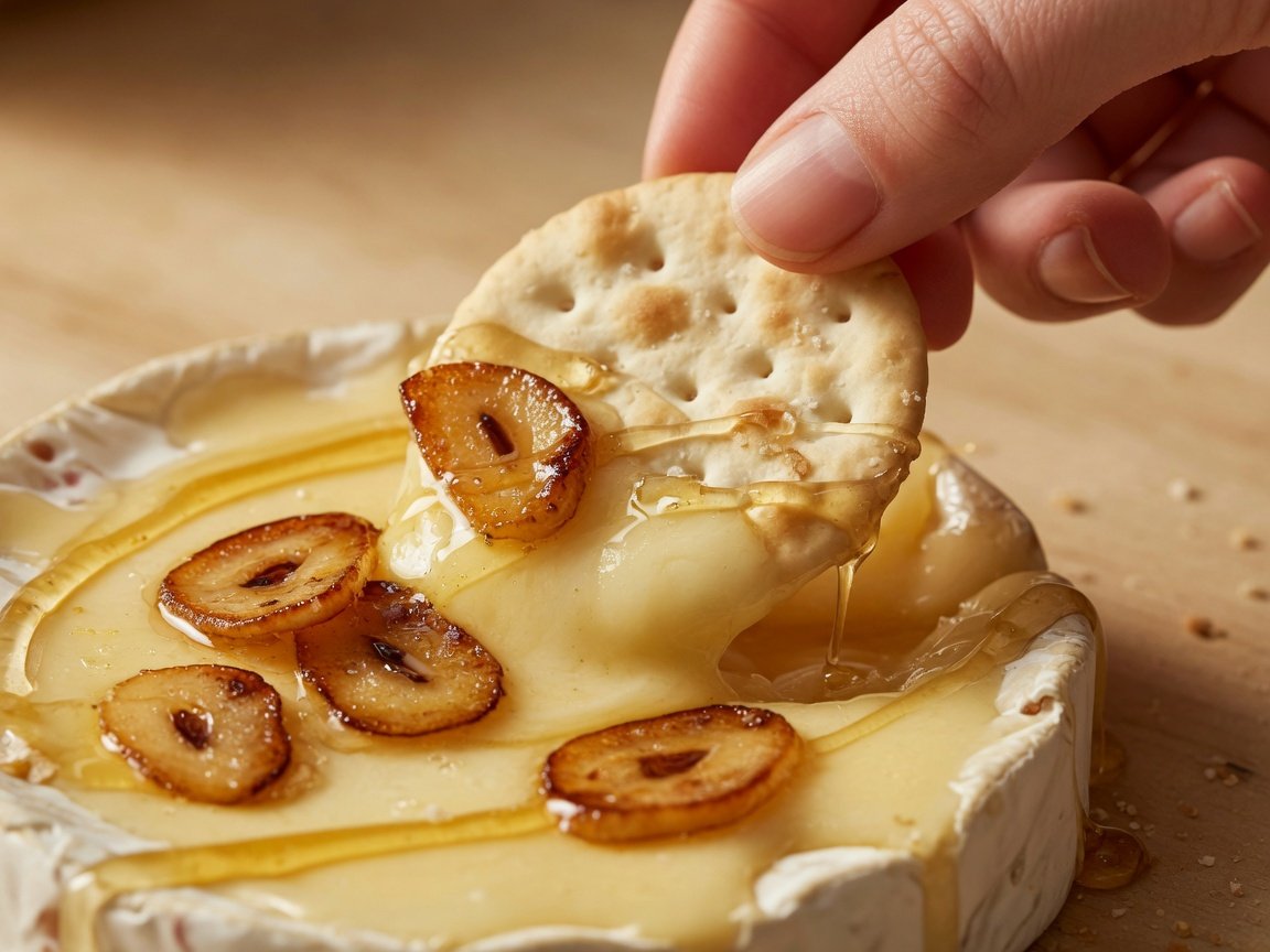 Close-up of a cracker being scooped through warm melted baked brie, honey and garlic visible on the surface
