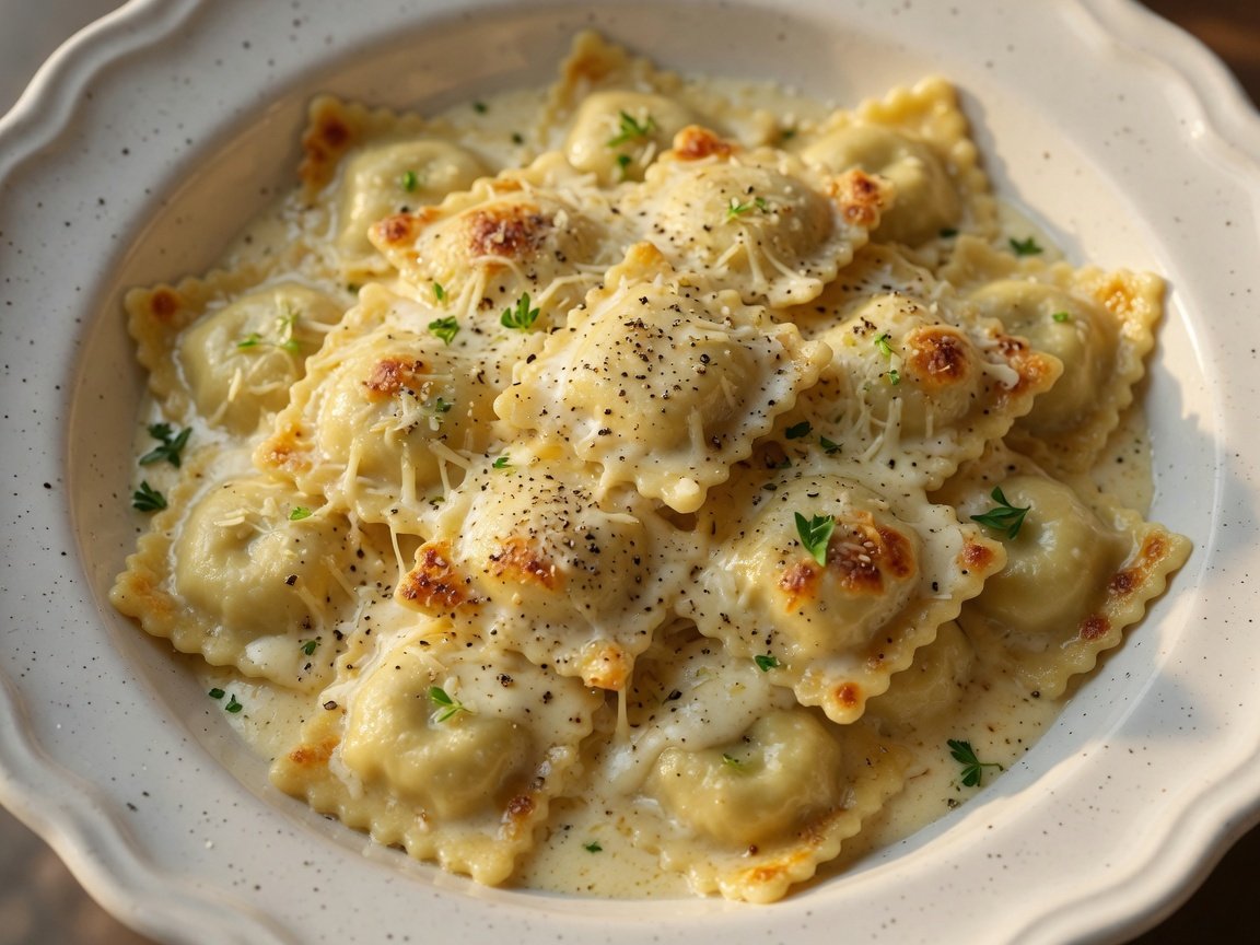 A close-up serving of baked ravioli Alfredo on a white plate, showing the creamy Alfredo sauce coating plump cheese ravioli with a golden cheesy crust
