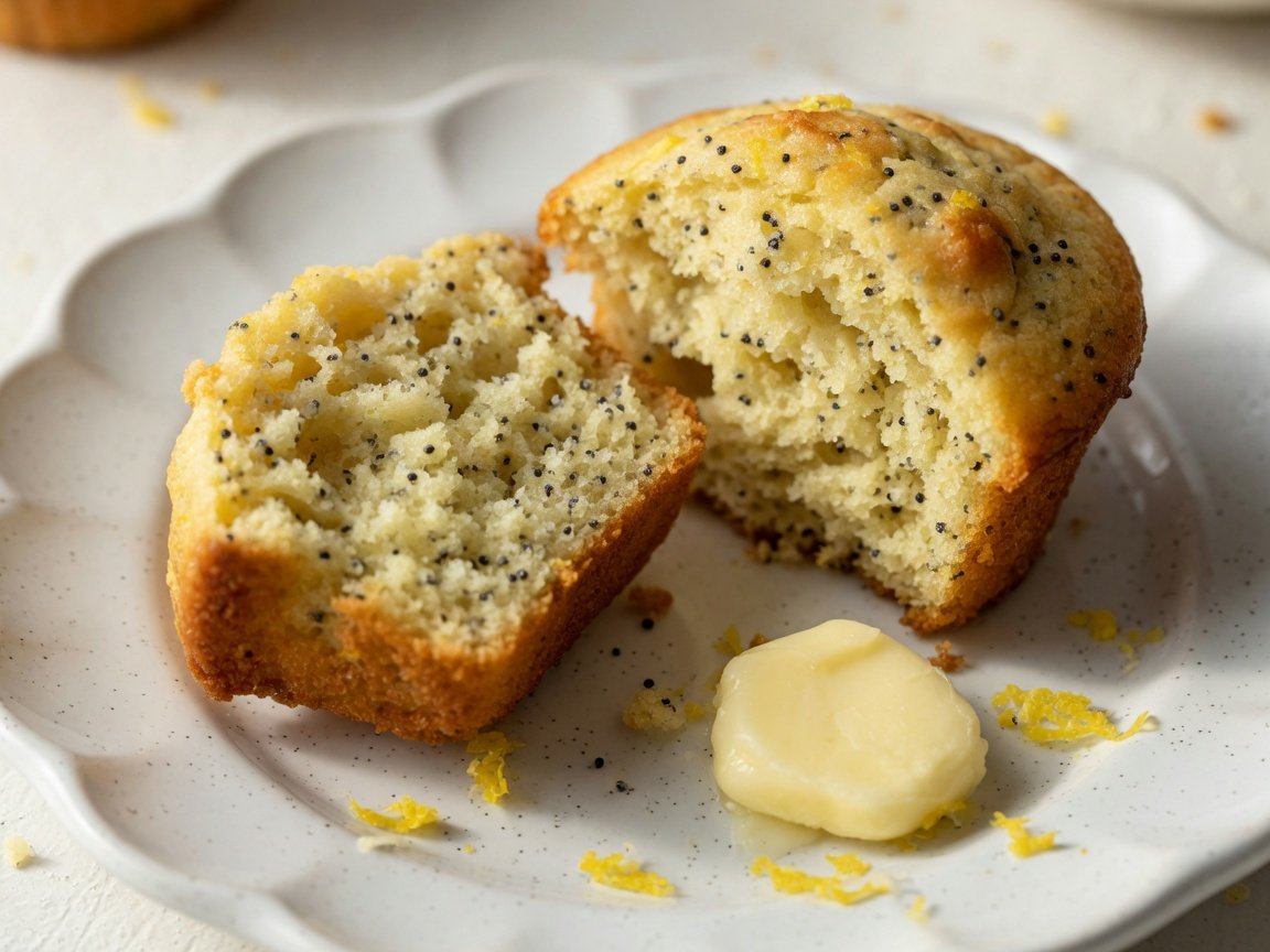 A split lemon poppyseed muffin showing the tender, moist, poppyseed-dotted crumb inside