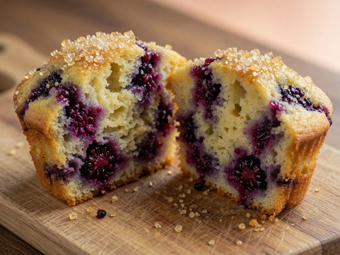 Close-up cross-section of a banana blackberry muffin showing the tender crumb and burst blackberries inside