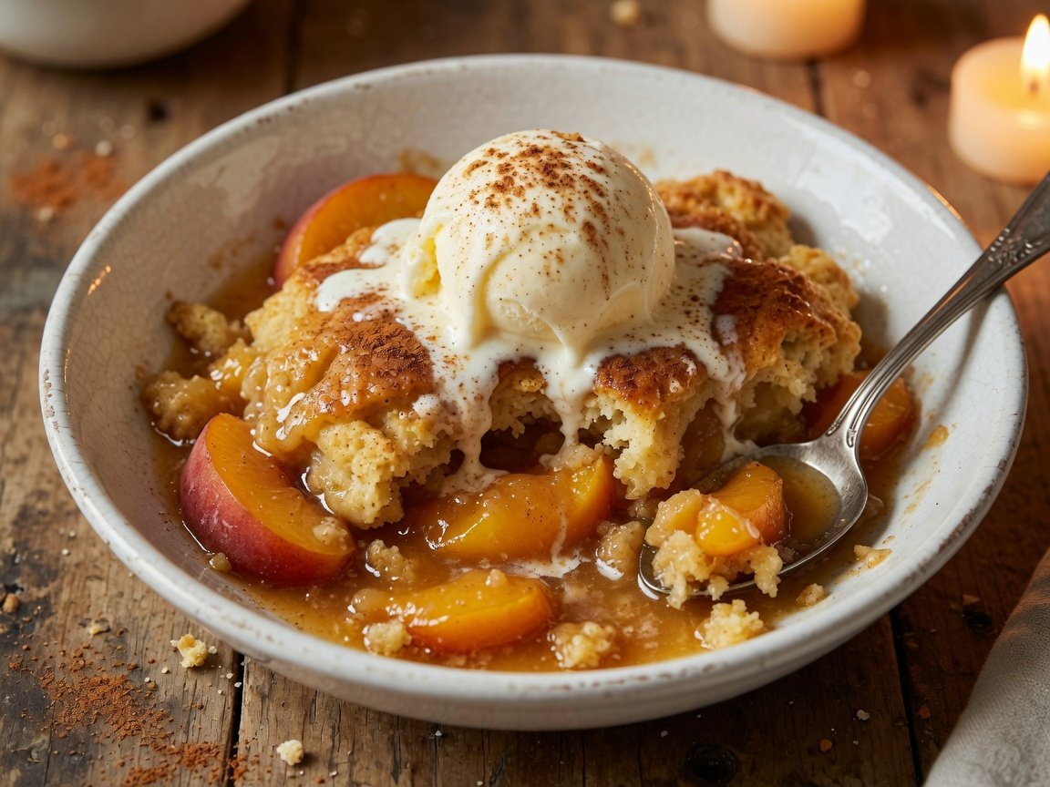 A bowl of warm Bisquick peach cobbler topped with a melting scoop of vanilla ice cream