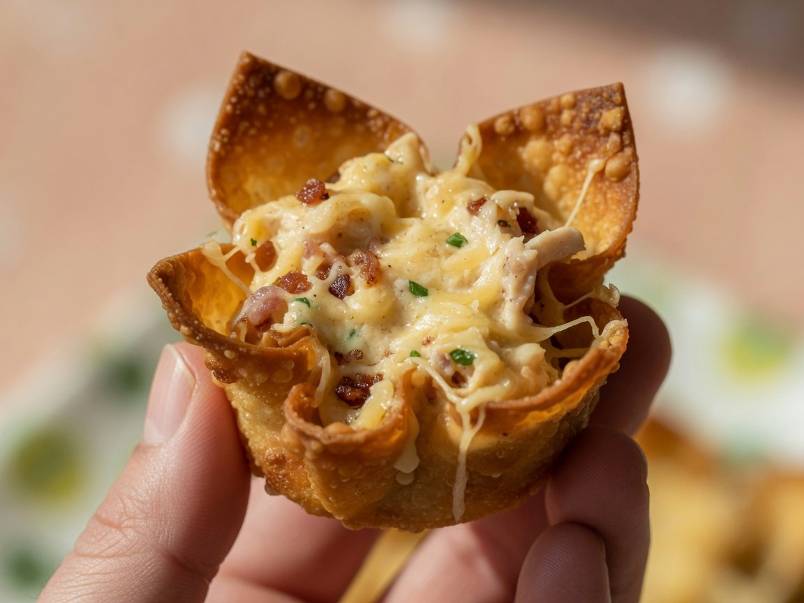 Hand holding a single chicken bacon ranch wonton cup showing the crispy shell and cheesy filling inside