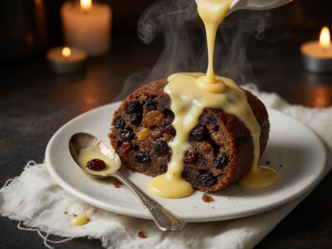 Sliced Clootie Dumpling showing the dense, moist, fruit-studded interior, served on a plate with a pour of warm custard
