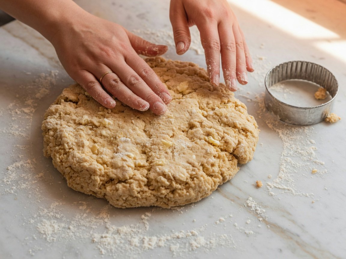 Hands patting scone dough to one-inch thickness on a floured surface before cutting